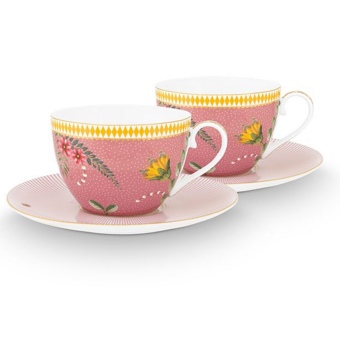 Pip Studio La Majorelle Kop en Schotel - Servies - Set van 2 kopjes en schoteltjes - Roze - 280ml