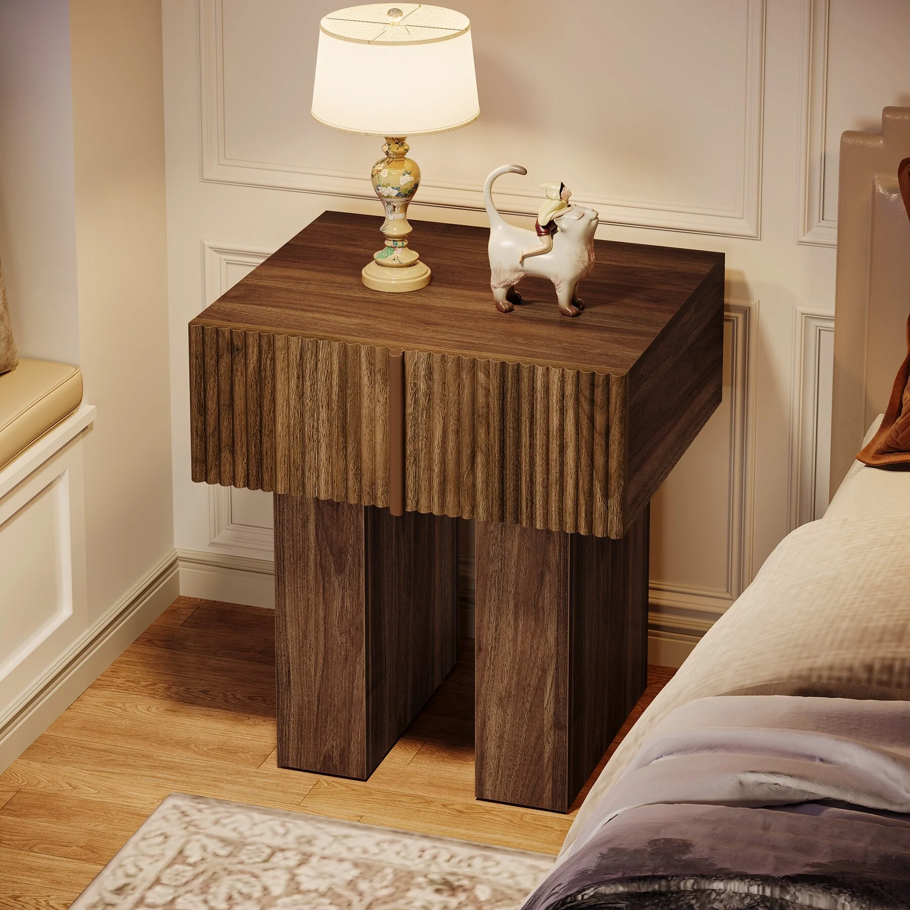 Modern Nightstand with Fluted Desigh, Bedside Table with Drawer