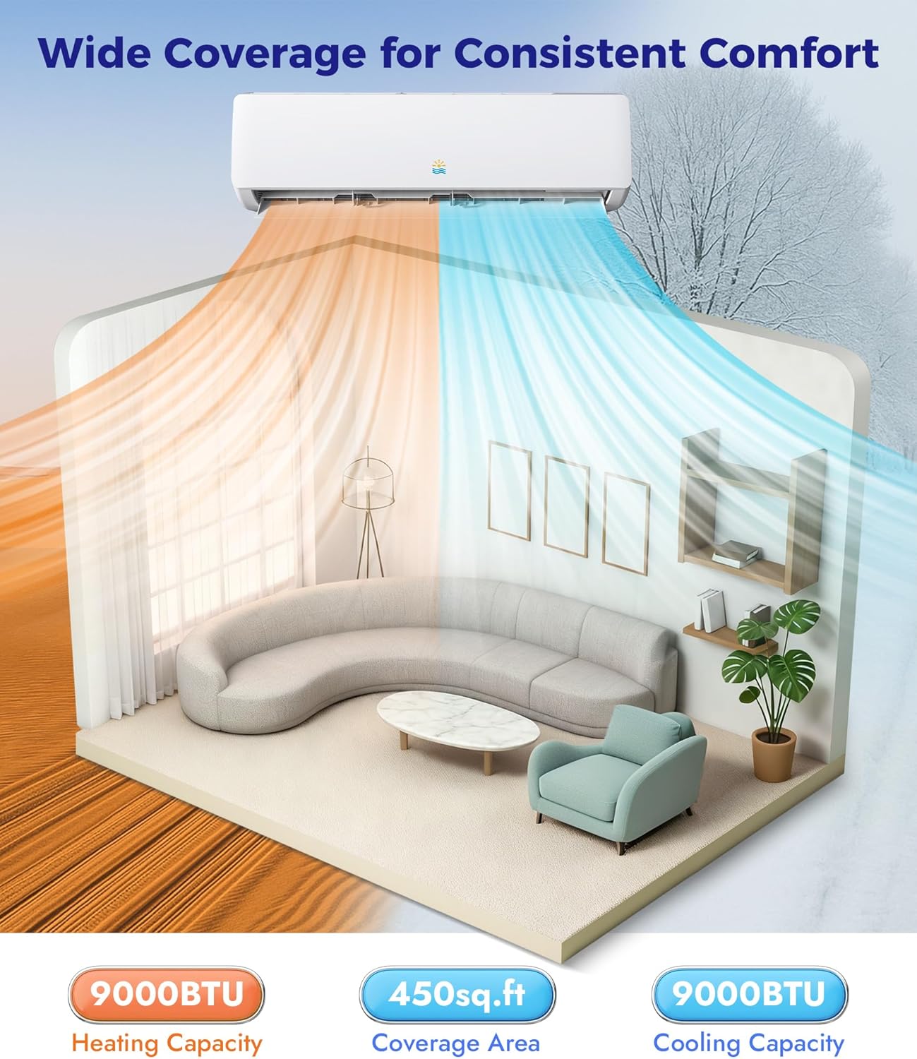 Mini Split Ac/Heating System - 9000 BTU Ductless Mini Split Air Conditioner with Heat Pump, 19 SEER2 115V Energy Efficient Ac Unit Up to 450 Sq.Ft with Installation Kit