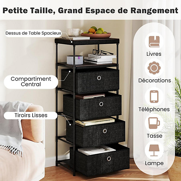 Commode avec 4 Tiroirs Pliables, avec Bacs en Tissu à Tirer Facilement &Cadre en Métal (4 Tiroirs 1 étagère,Gris)