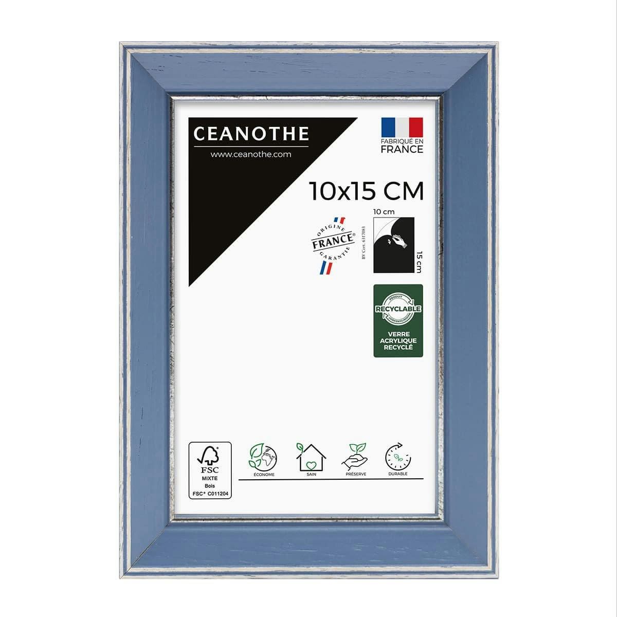 VITTORIA - Cadre photo bleu à la finition argent patiné 10x15 cm bois massif fsc