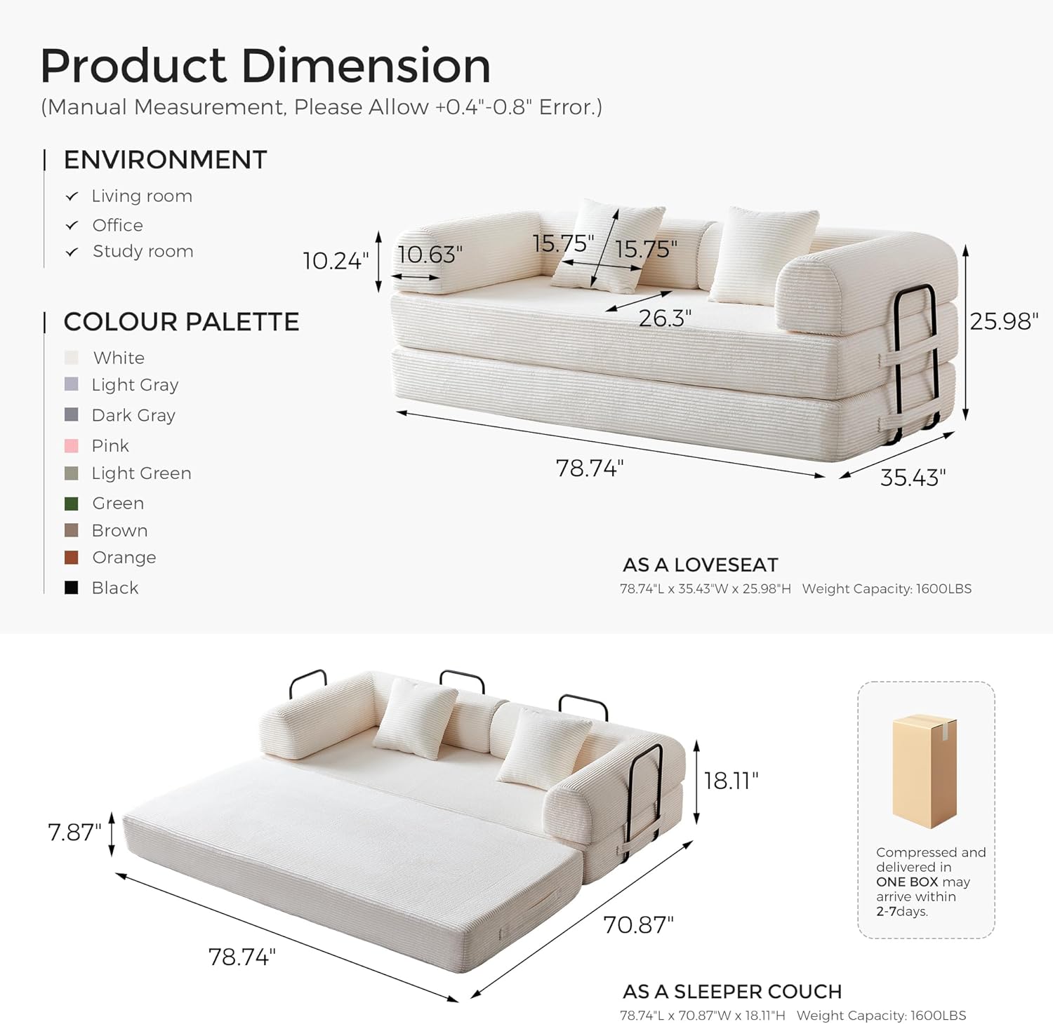 SAVENICA 79 Corduroy Floor Sofa Bed, Convertible Modular Sleeper Sofa, Removable Parts Design, Comfortable Seating and Sleeping, for Family Use, Relaxation Area (Beige White)