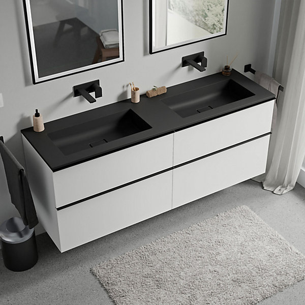 Meuble vasque suspendu MDF Blanc mat, lavabo fonte Noir mat sans trou robinet, poignée Anthracite mat - 160x46x62cm - LAVOA