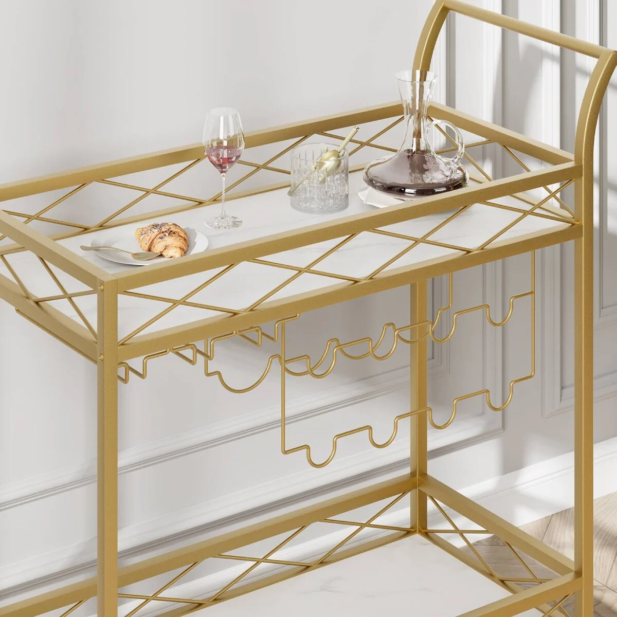 2 Tier Gold Bar Cart with Wheels & Wine Rack - N/A