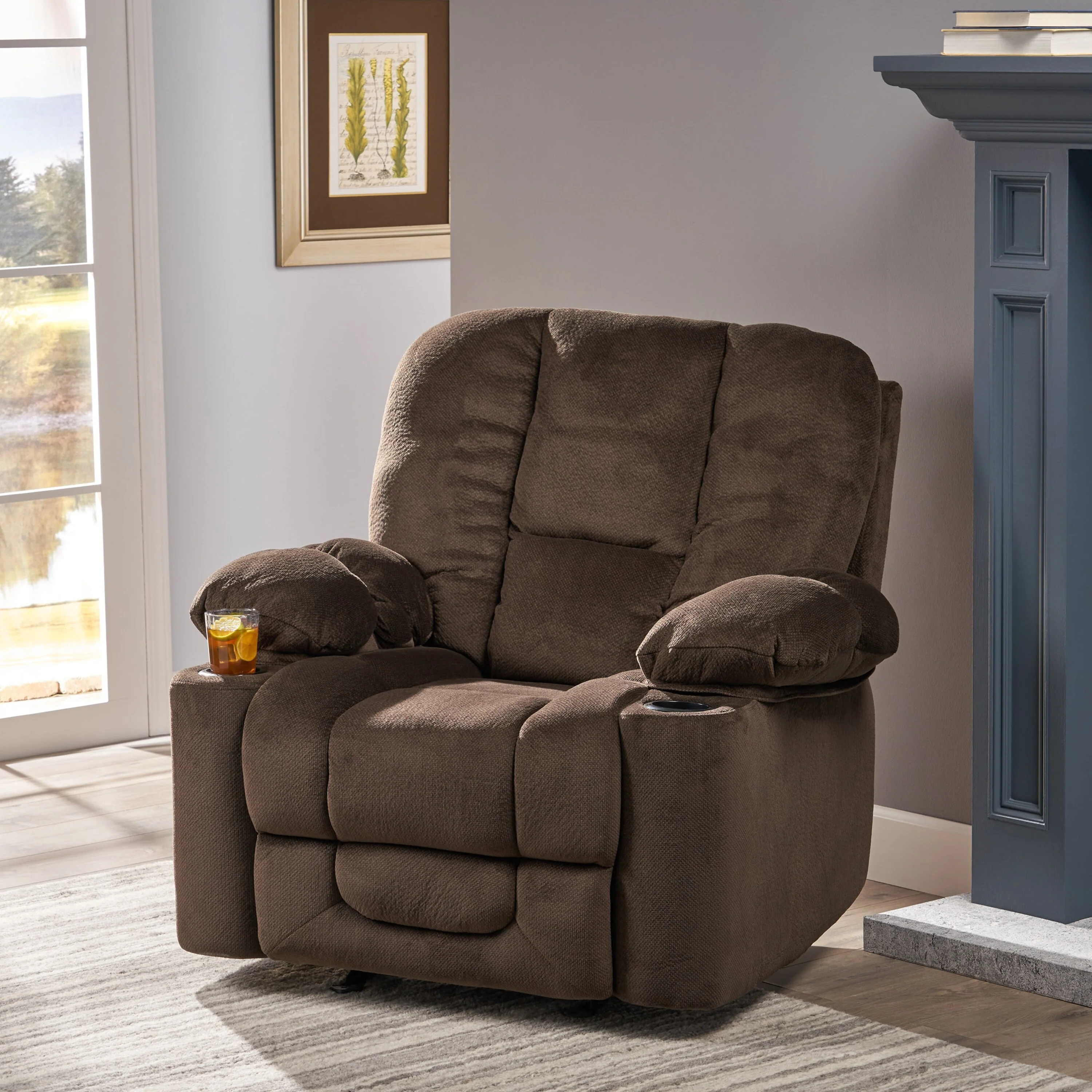 Brown Elegant Fabric Manual Recliner Chair with Dual Cup Holders, Spacious Dimensions for Maximum Comfort