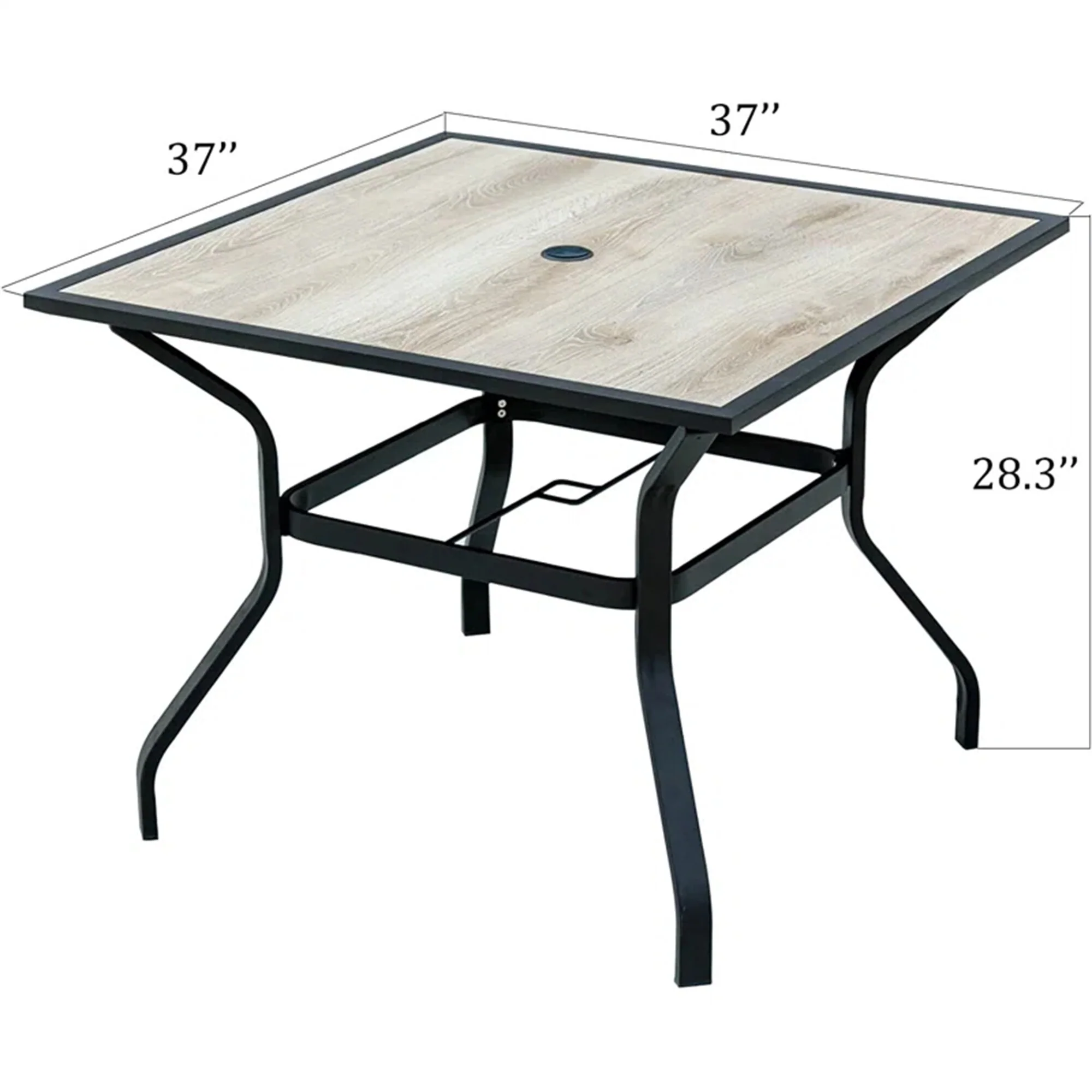 Outdoor Patio Dining Table Square Metal Table With Umbrella Hole And Wood-Look Tabletop