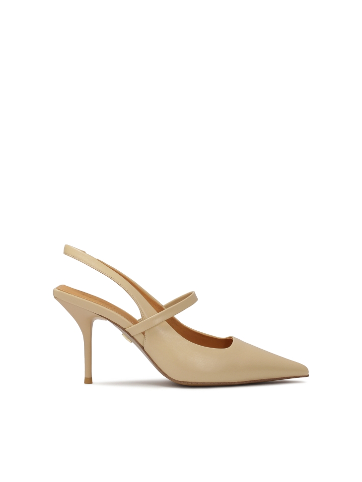 Beige pumps with open square heel