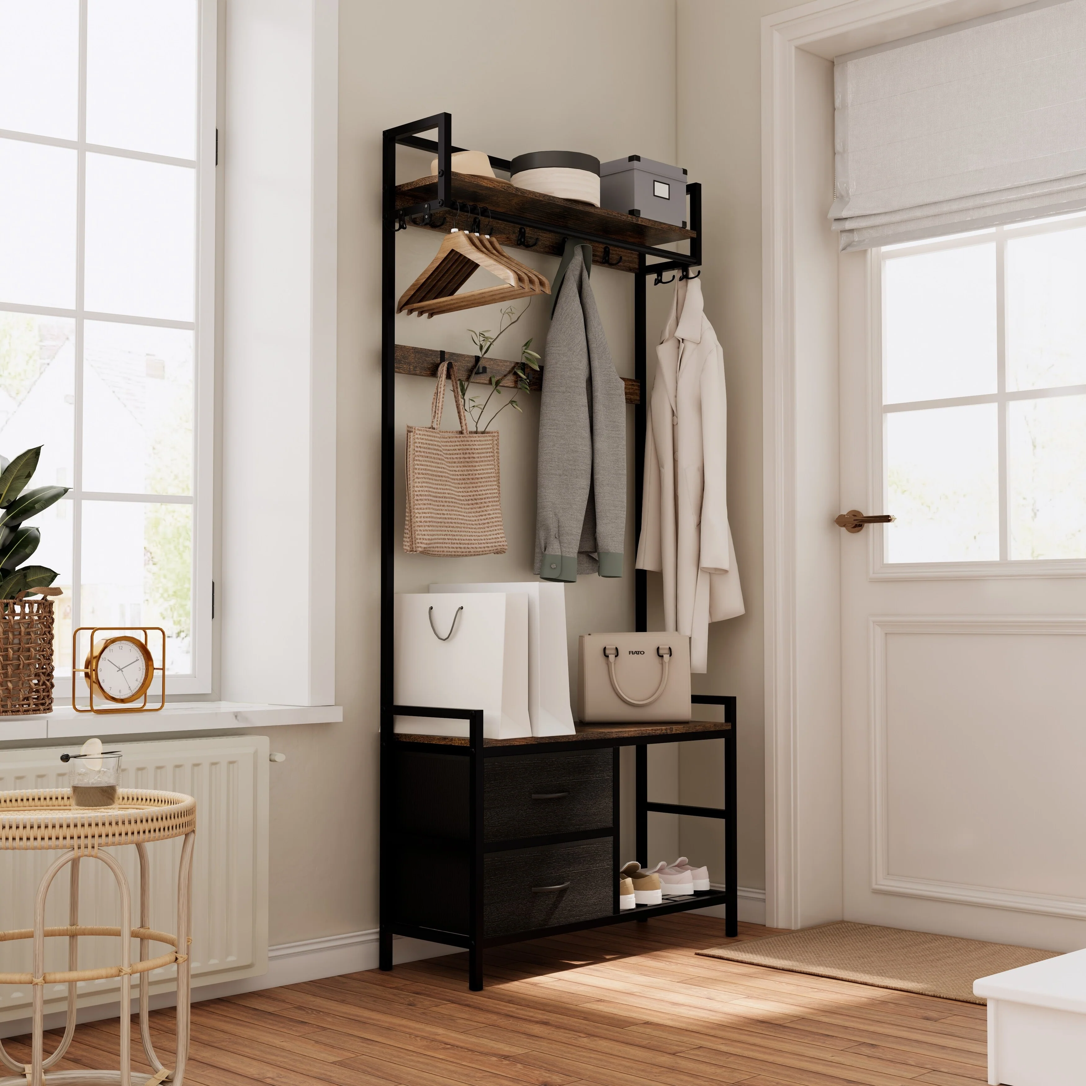 Modern Coat Rack with 2 Movable Drawers, Shoe Storage, 23 Hooks, Entryway Bench, for Entrance and Hallway