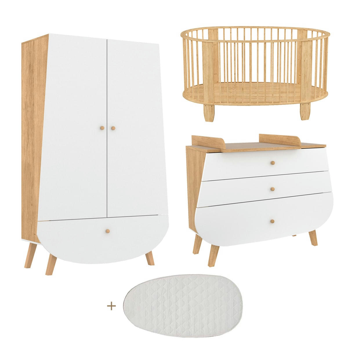 TRIO - COCON - Chambre bébé : Trio - lit bébé 60x120 commode armoire naturel