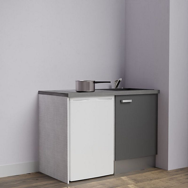 Kitchenette K08 - 120 cm - Façades : Gris - Plan de travail : Gris béton - Crédences : Non - Evier Noir