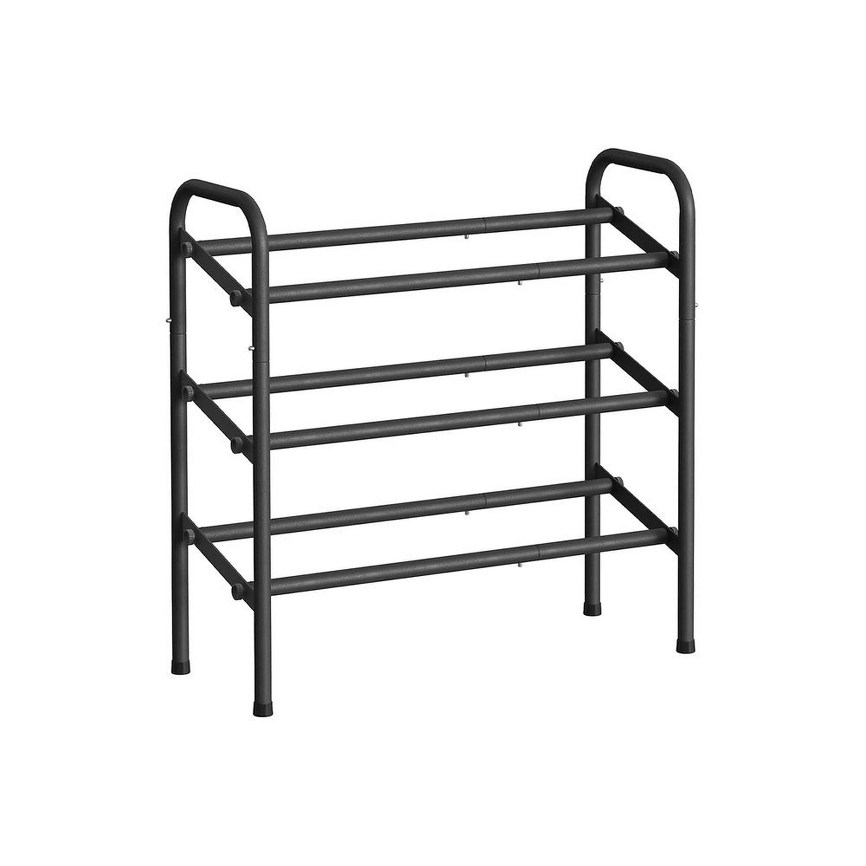 Uovi 23-33 Inch Expandable Shoe Rack, 3 Shelves, Curved Top, Black Metal