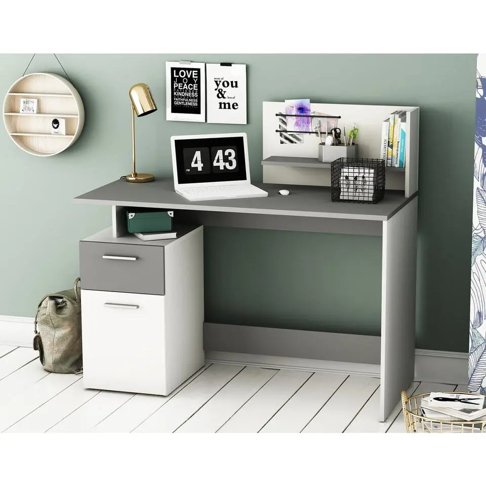 PLATON Bureau 1 Deur en 1 Lade - Mat wit/Donkergrijs - 55x121,5x109 cm