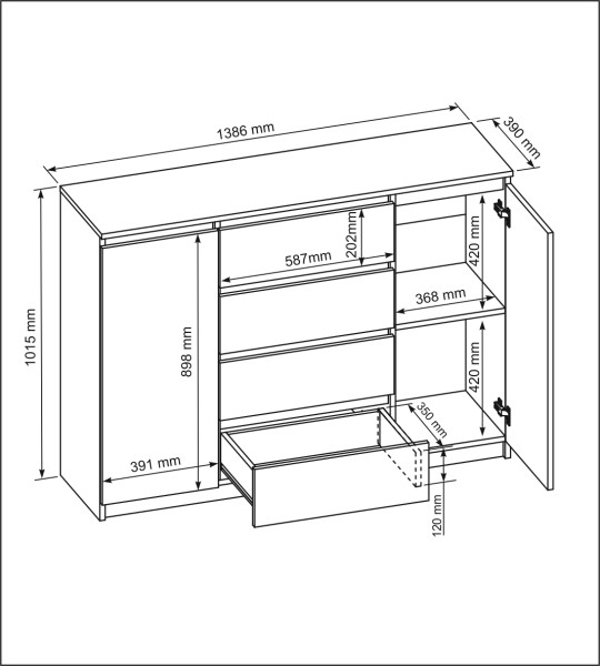 Komoda 2 drzwi 4 szuflady 140cm dąb sonoma