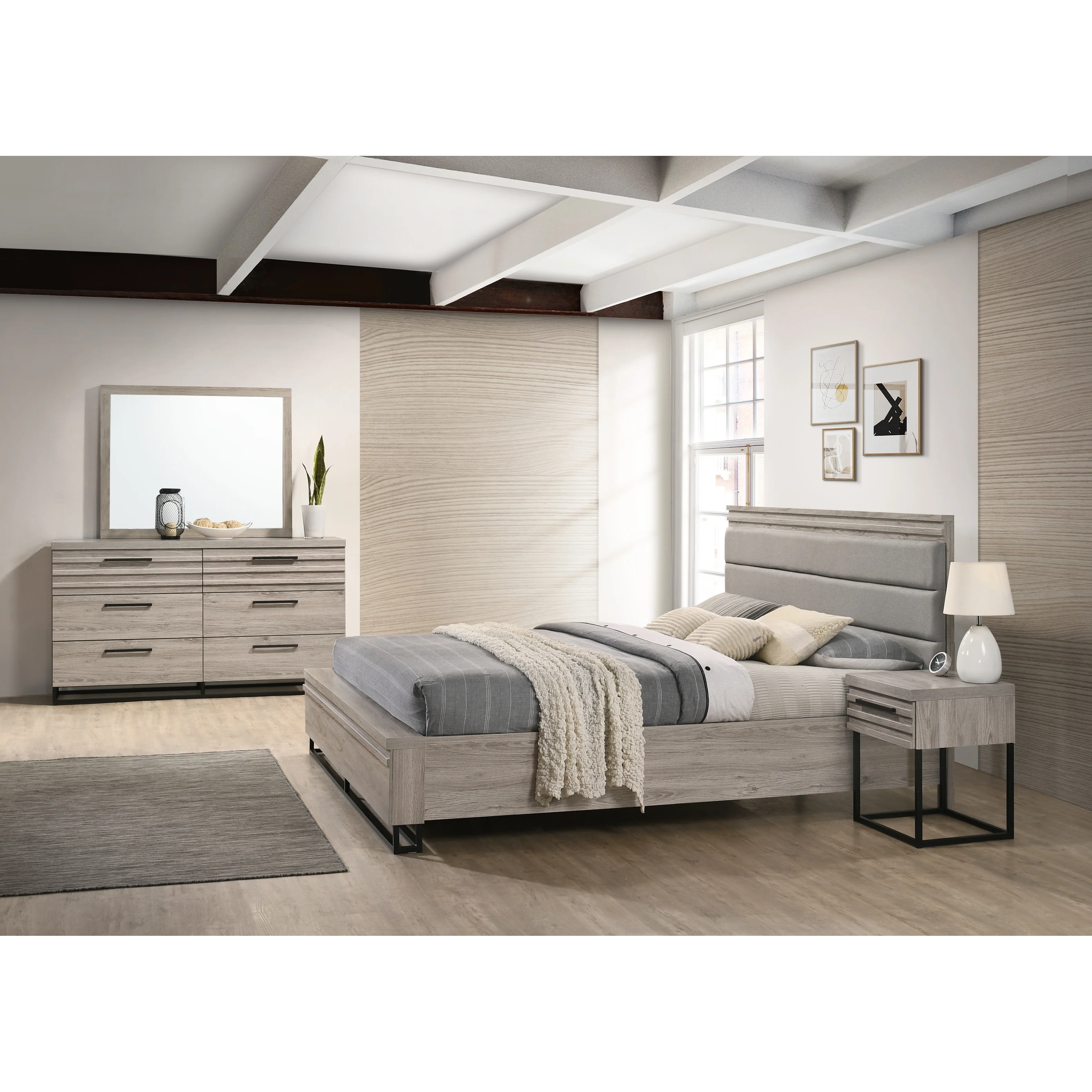 Roundhill Furniture Alvear Upholstered Wood Panel Bed, Dresser, Mirror, and 2 Nightstands, Weathered Gray