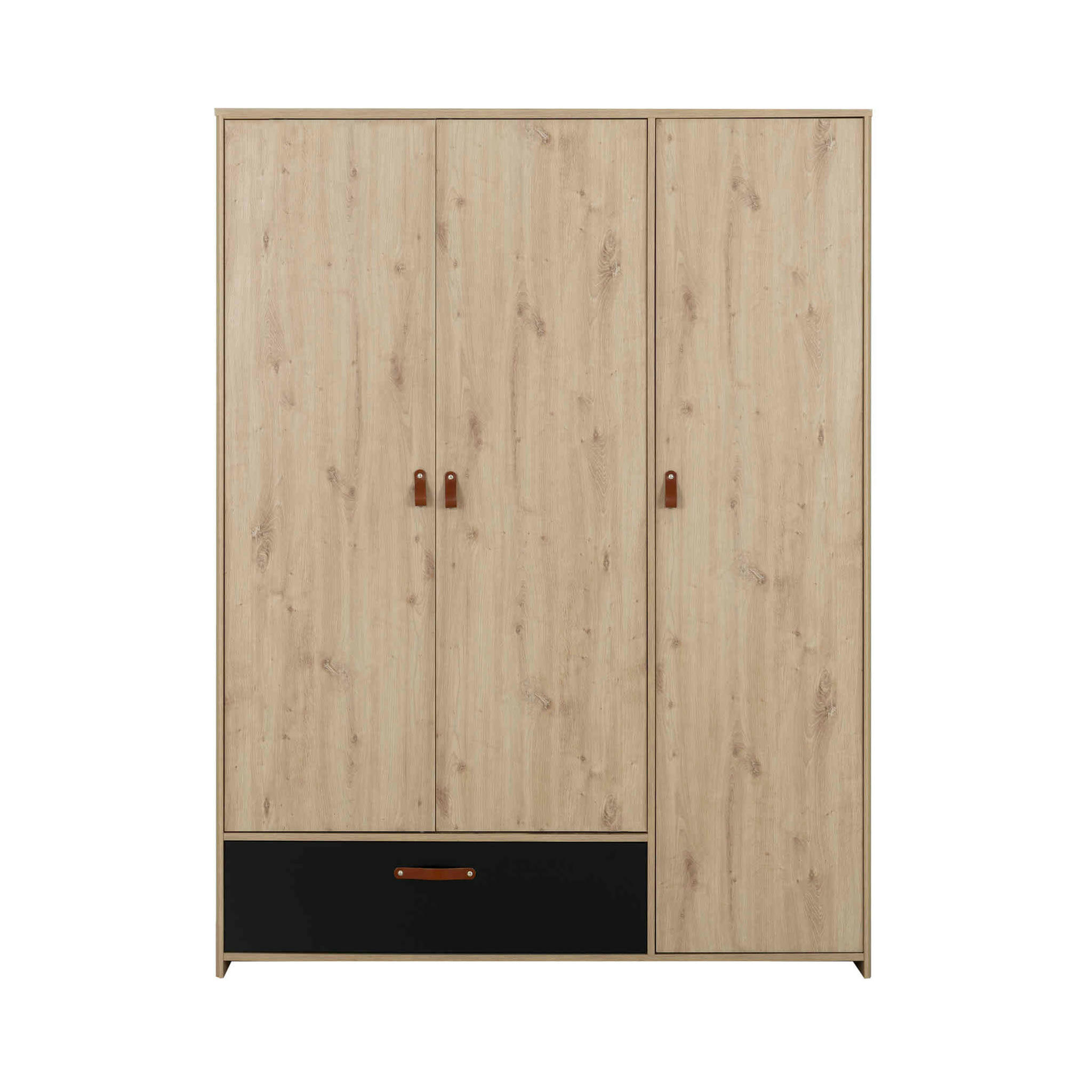 - Armoire 3 portes 1 tiroir en bois imitation chêne clair et noir 200cm
