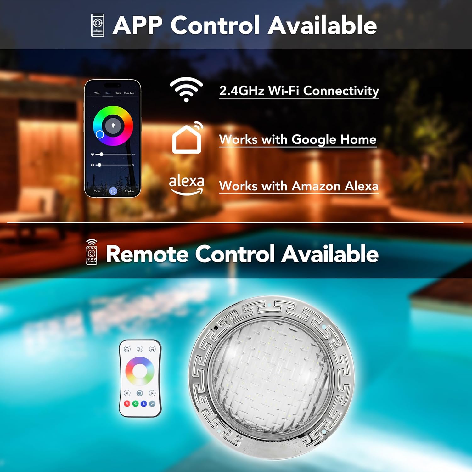 HQUA PN01DC LED Inground Pool Lighting System RGBW Color Change 10 Inch 50W  Remote/App Control  120V AC  100 Feet Cord