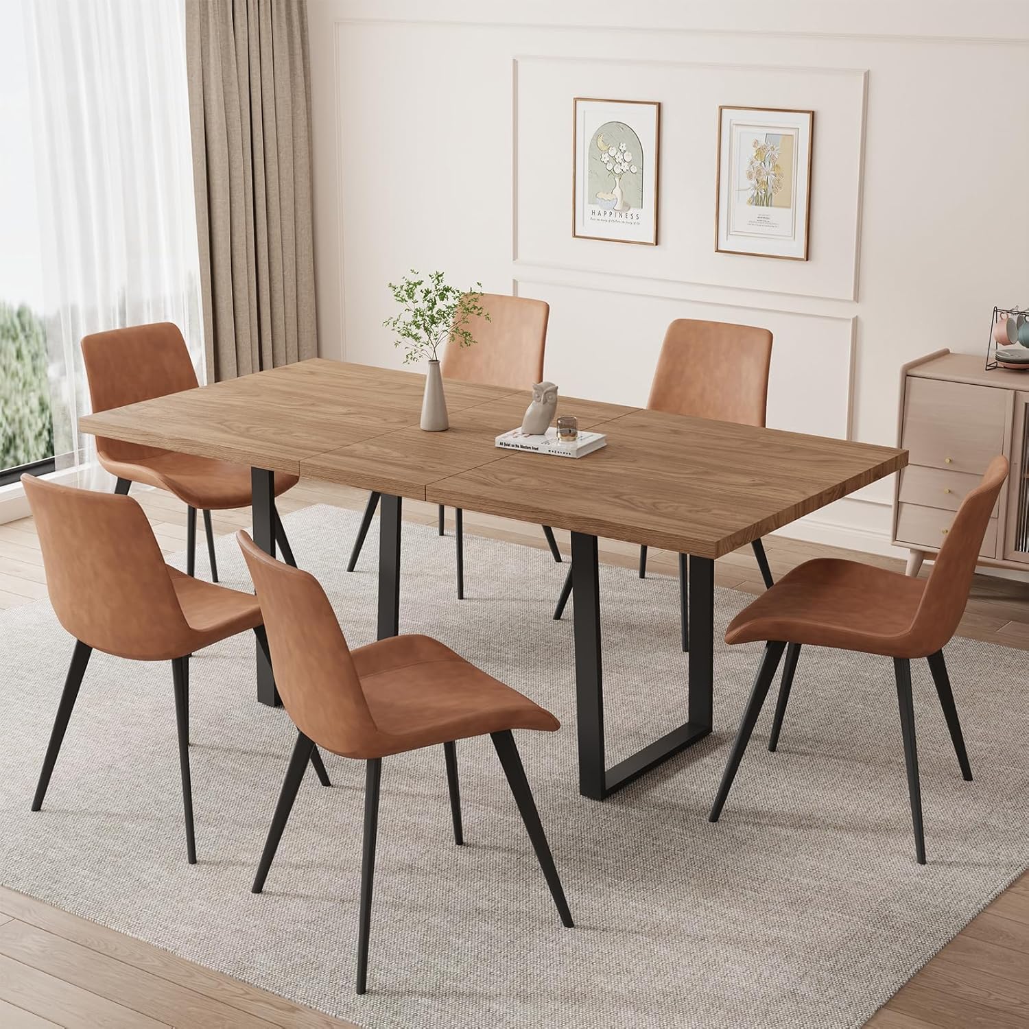ZckyCine 67 Expandable Walnut Dining Table and 6 Upholstered Chairs, 7-Piece Dining Room Furniture Set, Mid-Century Modern Style for Home, Dining Room and Kitchen