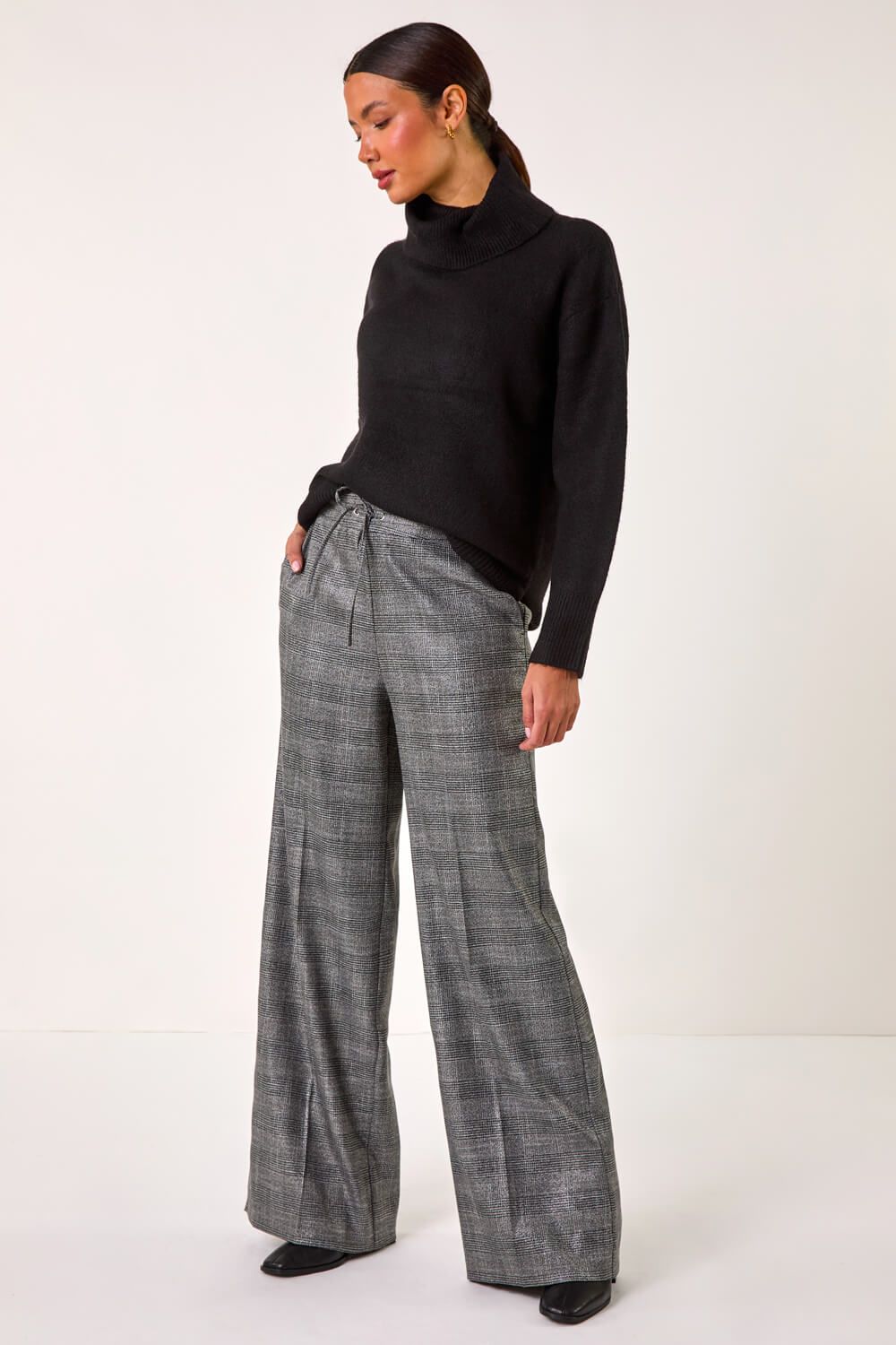 Roman Check Print Tie Front Wide Leg Trouser