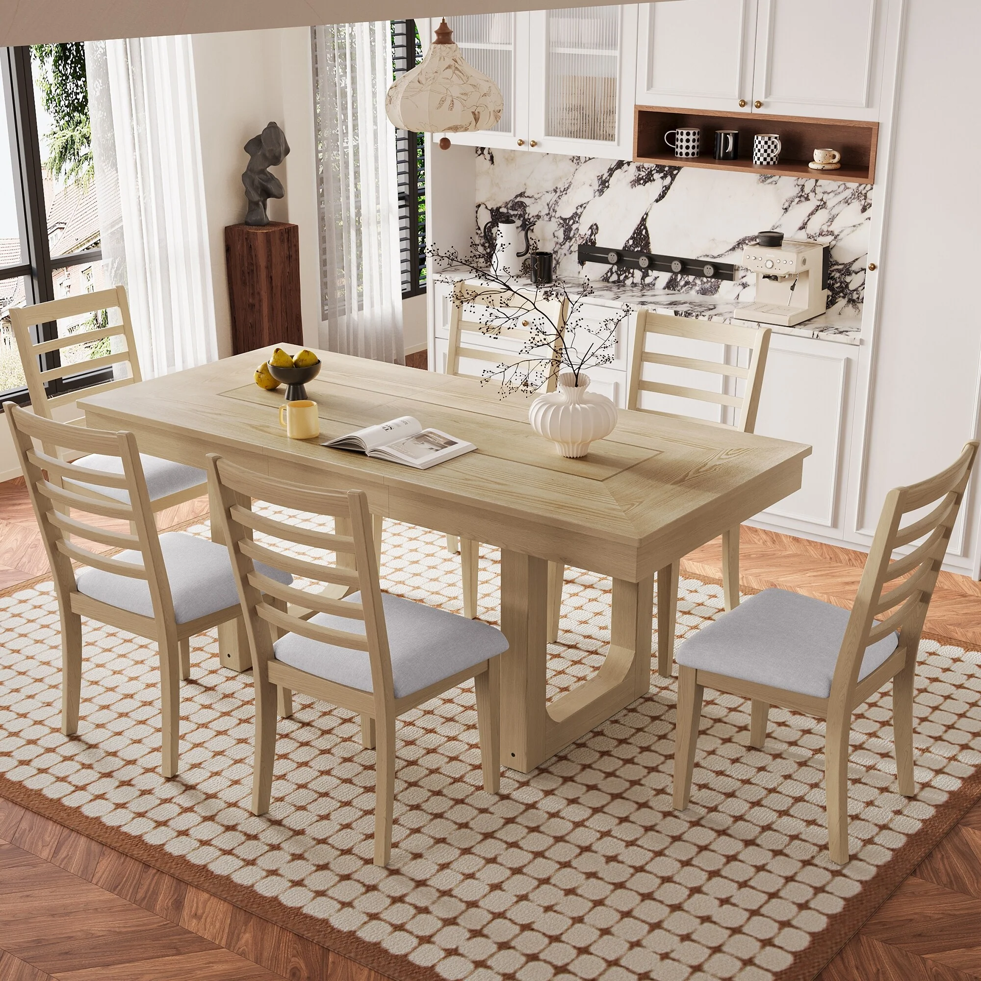 Kitchen Table Chairs Set for 7, Extendable Dining Table Set with Wooden Rectangular Kitchen Table & 6 Upholstered Chairs