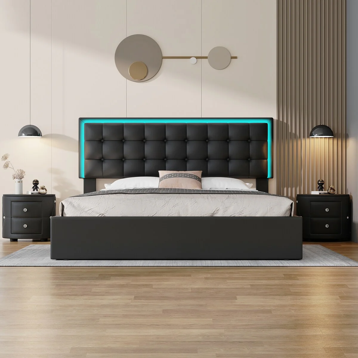 3 Pieces Bedroom Sets Queen Size Upholstered Bed with LED Lights