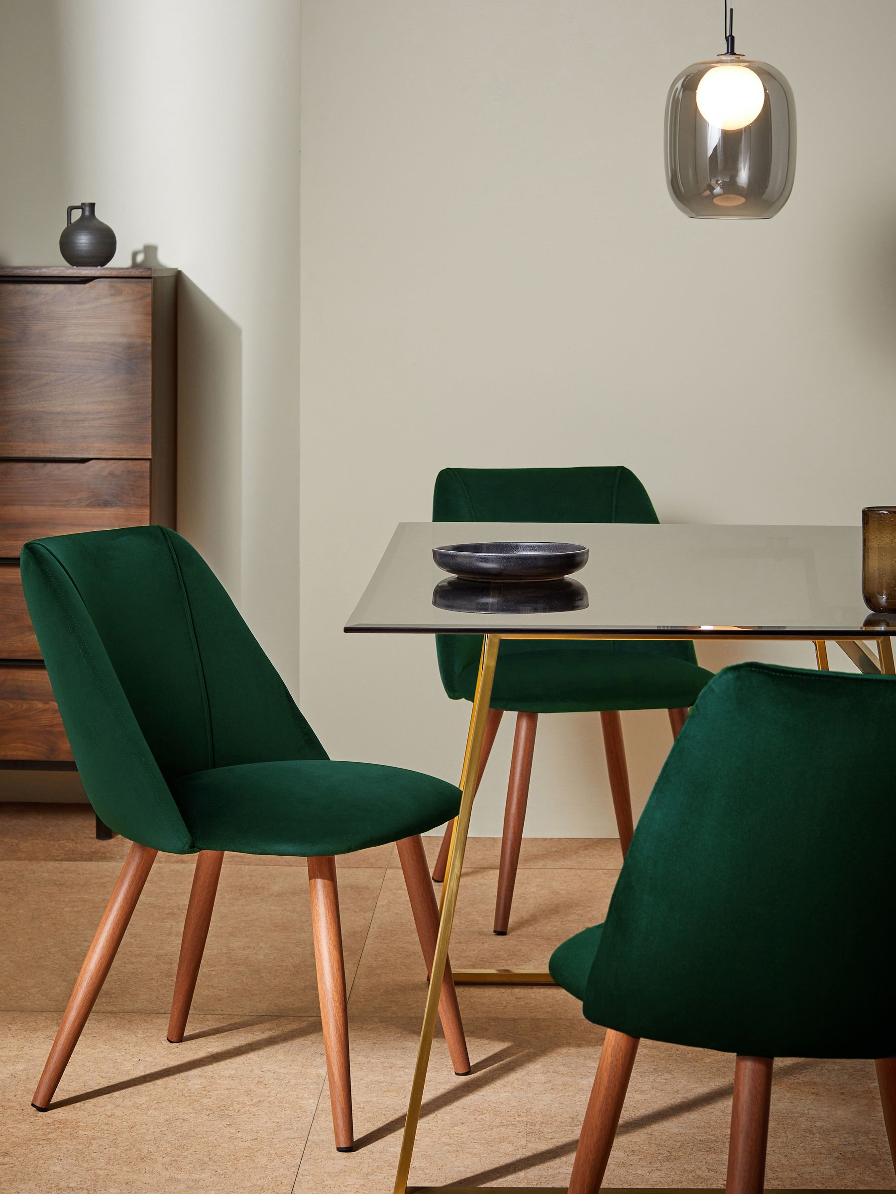 Set of 2 Lule Non Arm Dining Chairs in Pine Green and Walnut Effect Legs
