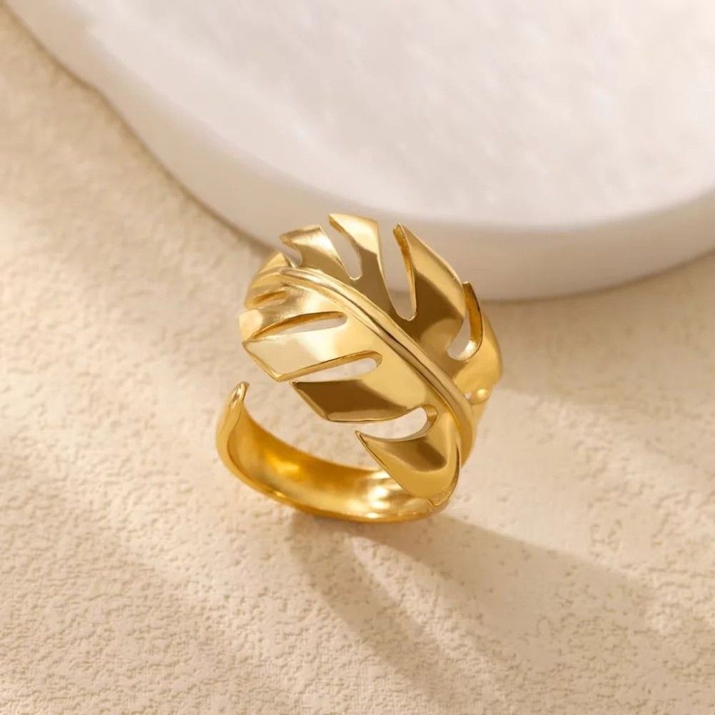 The Colourful Aura Tropical Monstera Plant Leaf Open Statement Gold/SIlver Ring