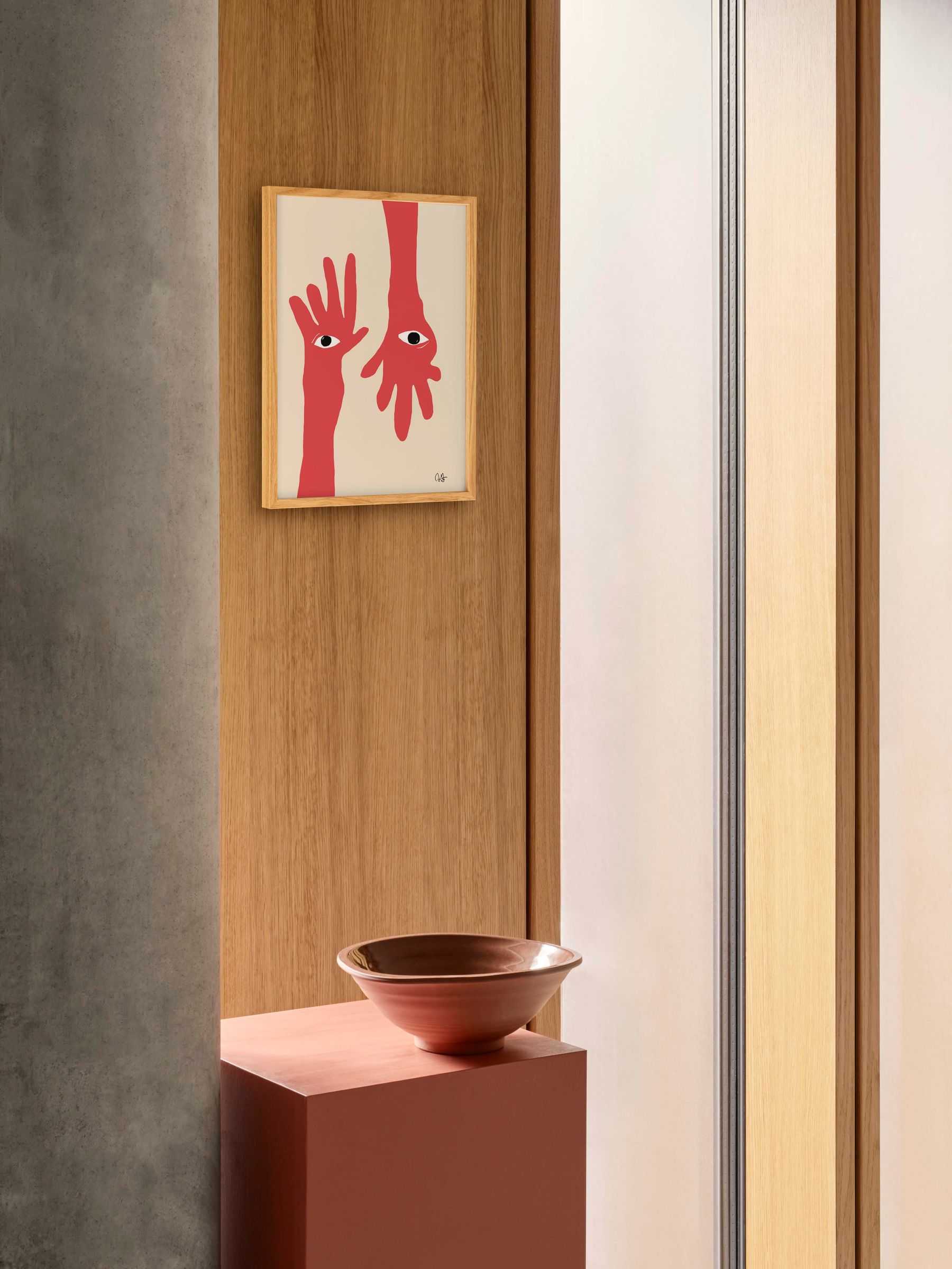 Paper Collective Cream Hamsa Hands Framed Wall Art Print in Natural Oak Frame