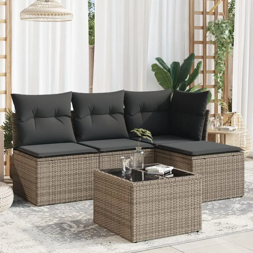 vidaXL 5-delige Loungeset met kussens en tuintafel - Grijs - Poly Rattan