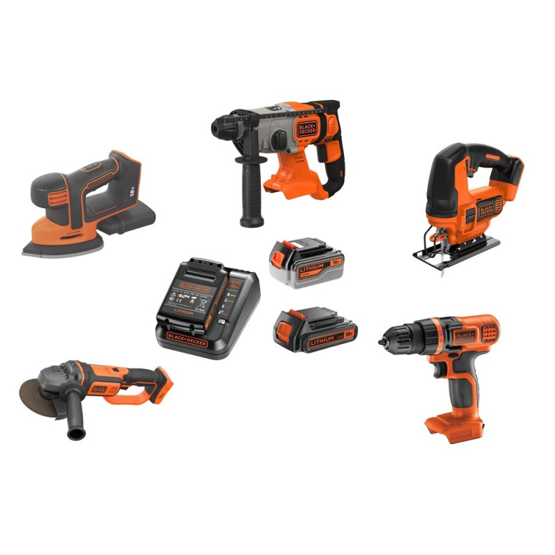 Pack de 5 machines sur batterie 4 Ah et 1,5 Ah BLACK DECKER