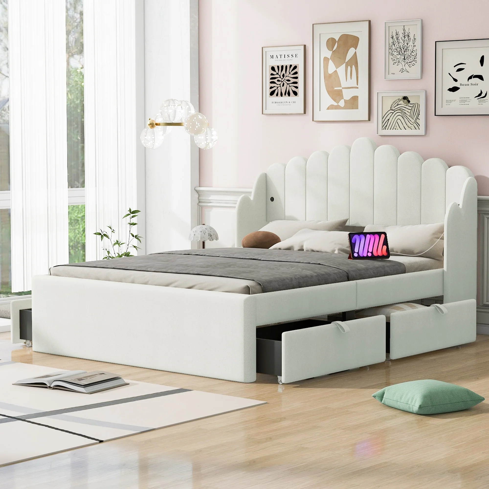 Full Size Platform Bed with Trundle and 5 Storage Shelves for Space Saving