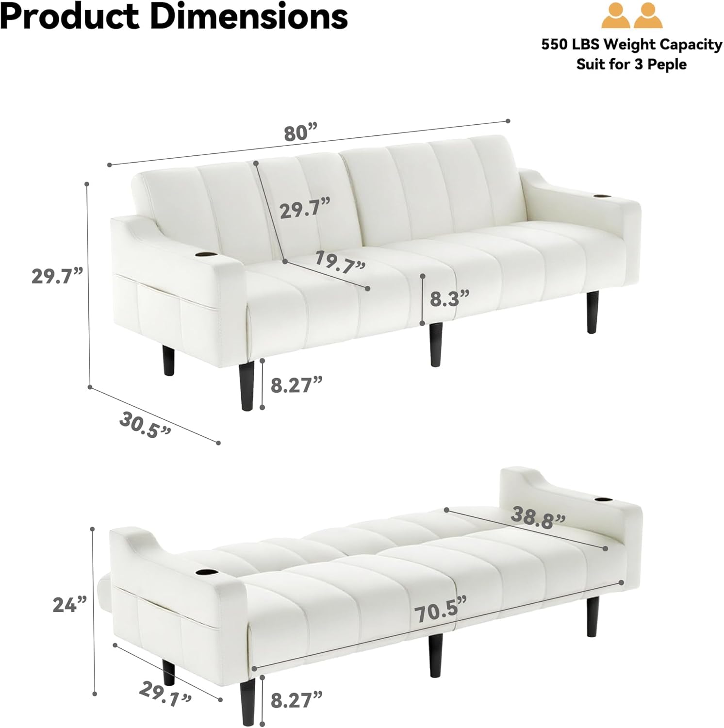 Brelice 80'' Leather Couch, Futon Sofa Bed, Faux Leather Couch with Adjustable Backrest, 2 Cup Holders & Side Pockets, Mid Century Modern Sofa for Living Room, Bedroom, Cream White