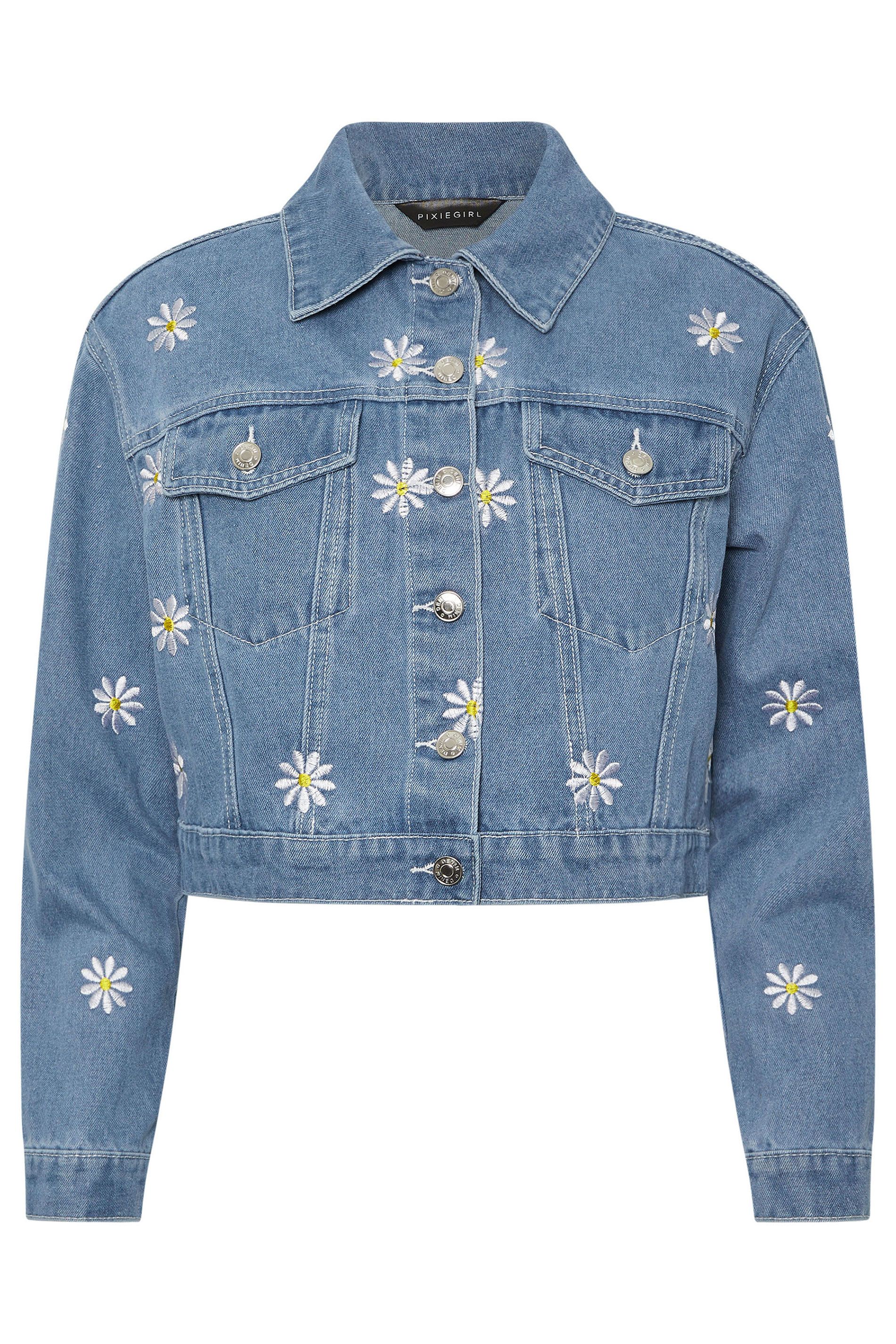 PixieGirl Petite Daisy Embroidered Denim Jacket