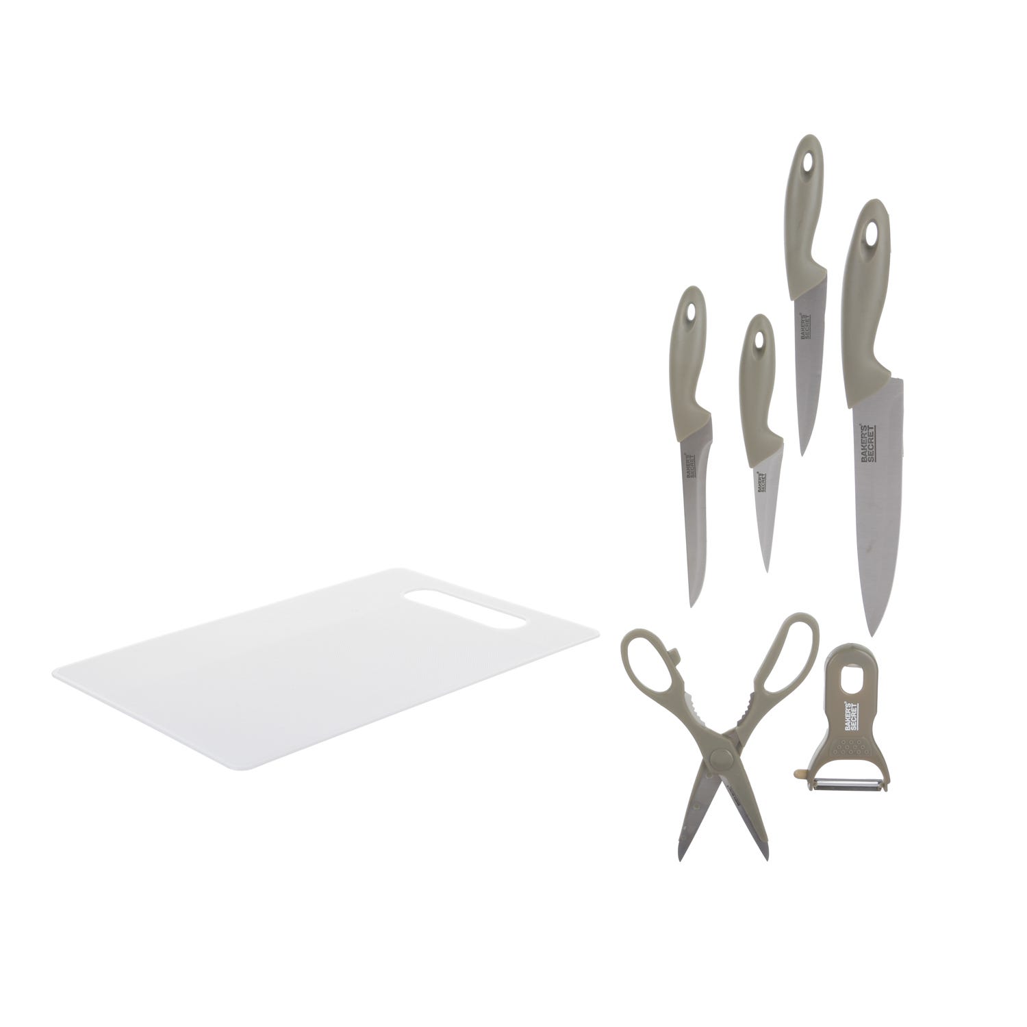 Set tagliere, 4 coltelli, forbici e pelapatate Baker's Secret