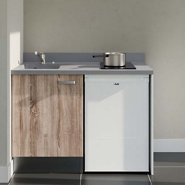 Kitchenette K08 - 120 cm - façades Bois - Plan monobloc en quartz coloris Cromo évier à gauche - Electroménager Blanc