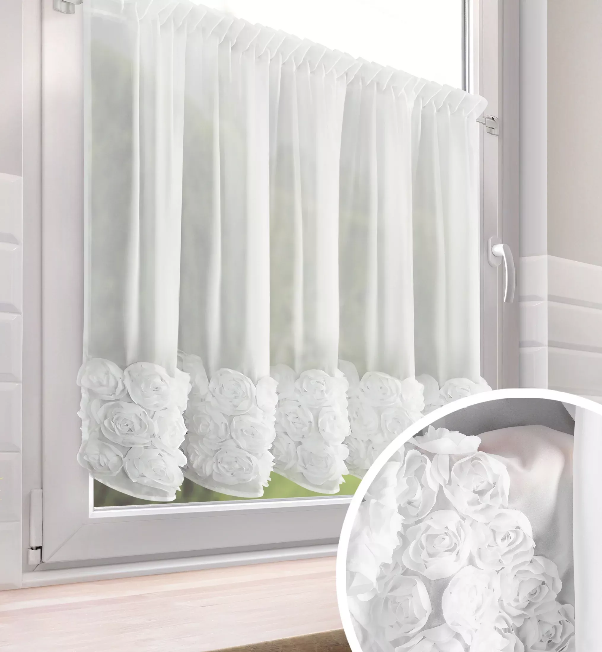 Zazdrostka biała z szyfonu zdobiona różami 3D 150x90 cm taśma - ROSES Eva Minge