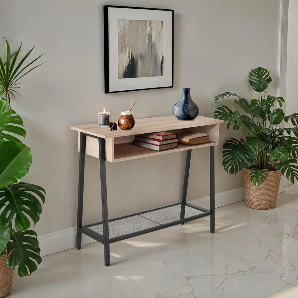 tectake Consoletafel Tralee 100x35x80,5cm, Industrieel Licht Hout, Eiken Sonoma