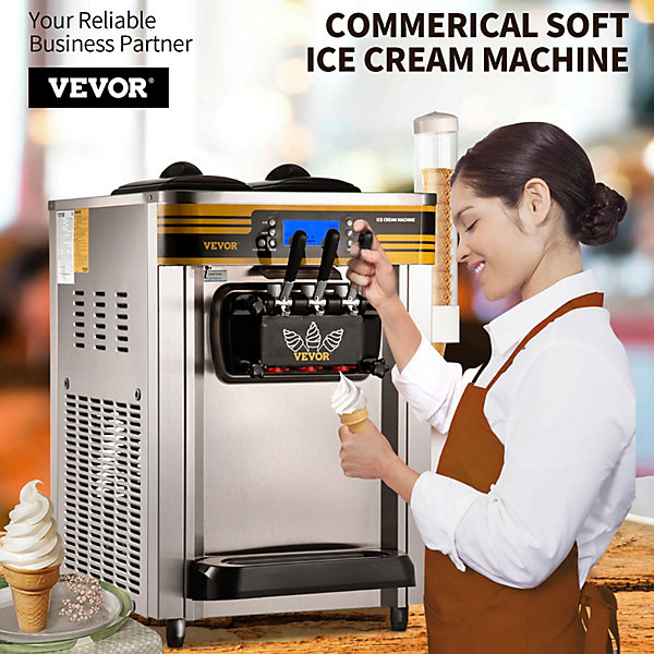 Machine à glace italienne 22-30L h 2350W, trémie 6L, pré-refroidissement, 3 saveurs, 1 clic décongélation.