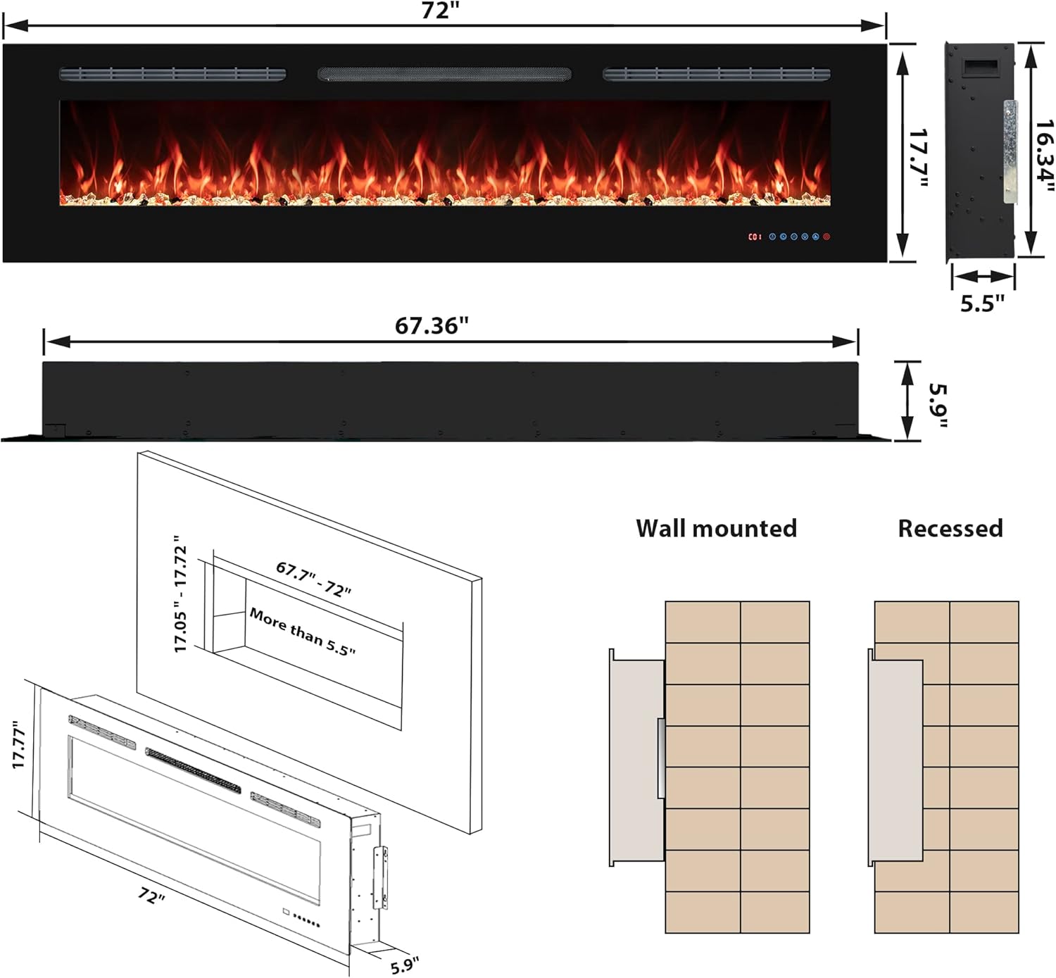 72 Electric Fireplaces Inserts, Recessed & Wall-Mounted Fireplace Heater with Thermostat, Multicolor Flames,Timer, Log & Crystal, 750/1500W