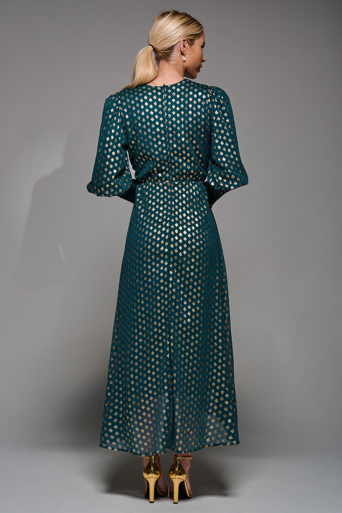 Jolie Moi Puff Sleeve Metalic Spot Print Dip Hem Midi Dress