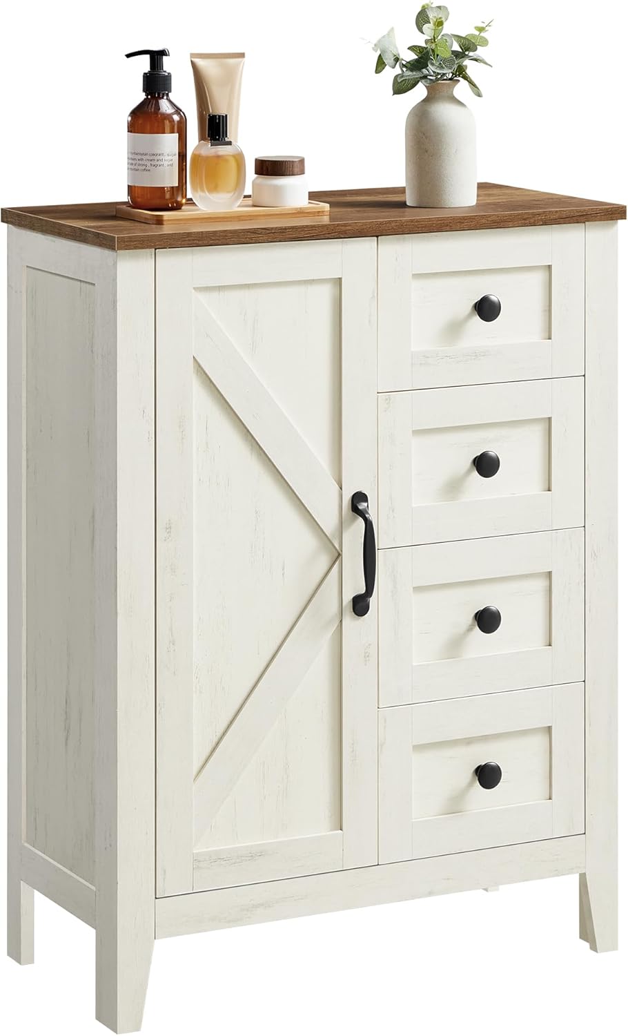 VASAGLE LIRY Collection - Storage Cabinet, Farmhouse Bathroom Floor Cabinet with 4 Drawers, Freestanding Storage Organizer, Barn Door, Adjustable Shelf, Rustic White, UBBK753W01
