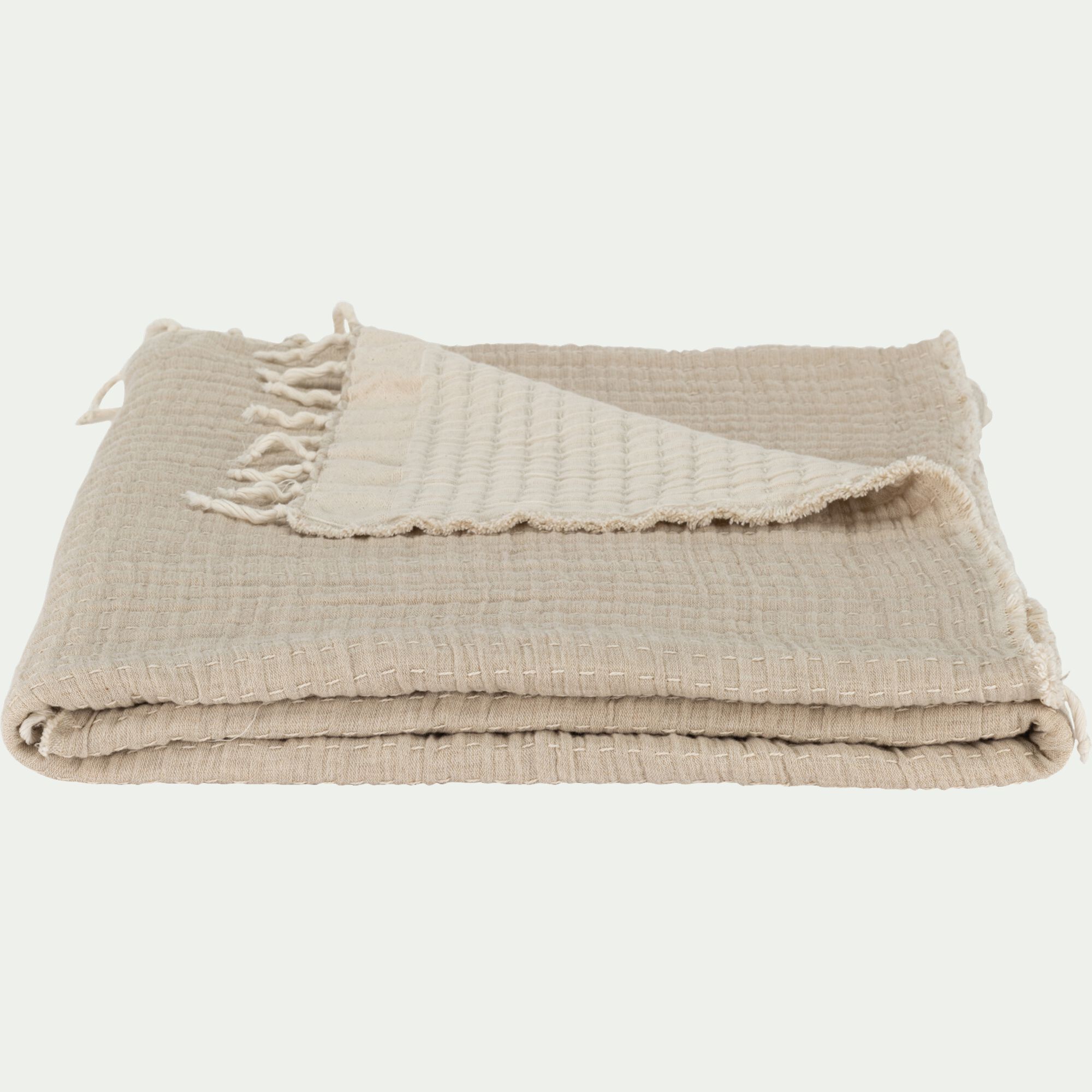 KHANTA - Couvre-lit en coton frangé 230x250cm - beige