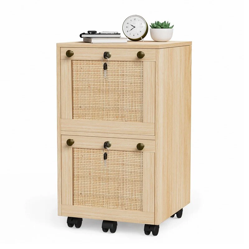 Mobile File Cabinet Wood Rattan 2-Drawer with Lock