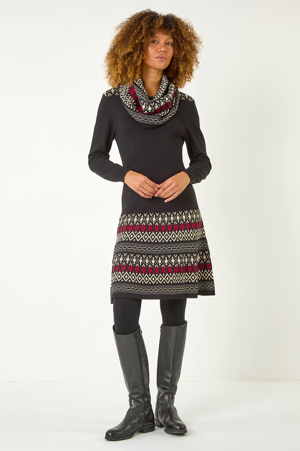 Roman 2 in 1 Nordic Print Scarf Neck Knitted Dress