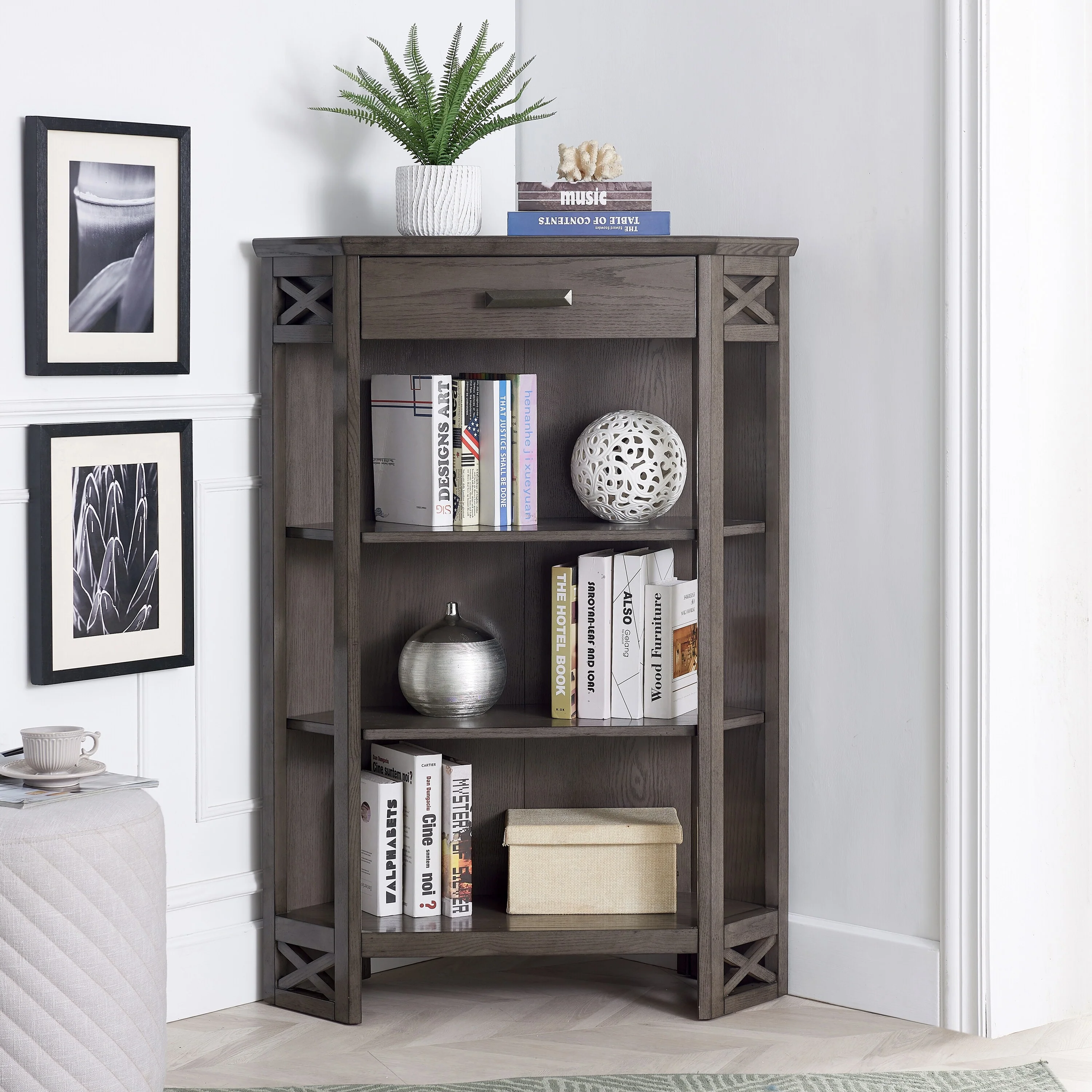 Leick Home Mantel Height 3-Shelf Corner Bookcase with Drawer Storage