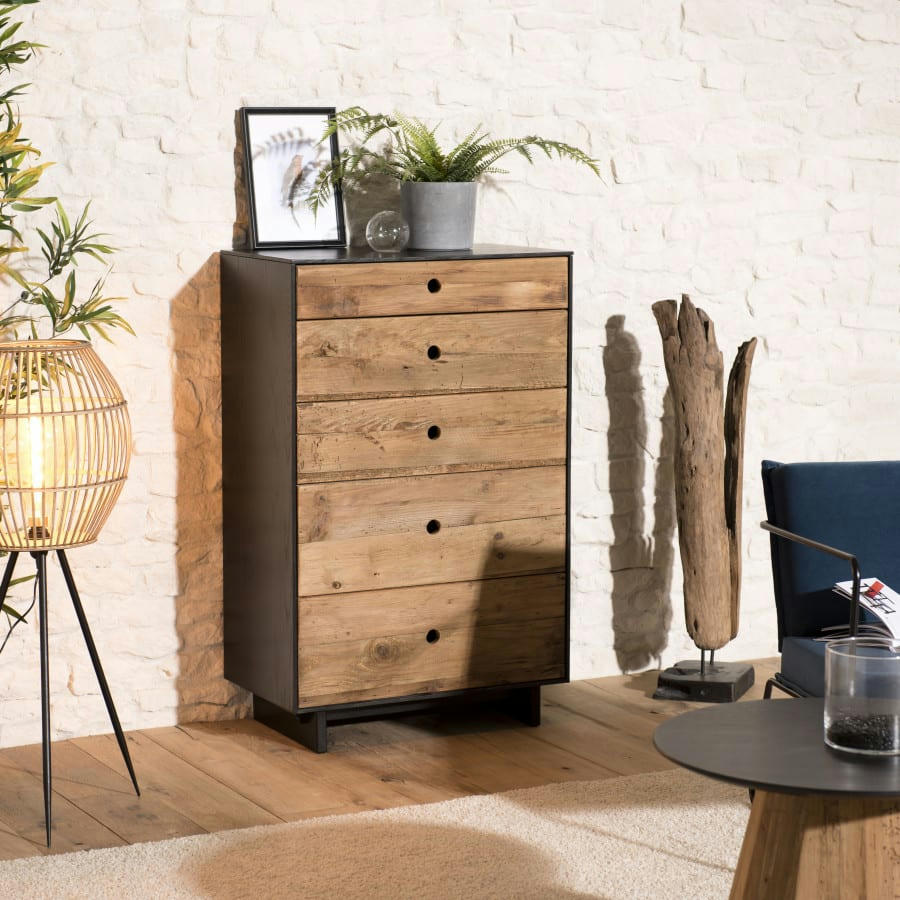 ANDREA - Meuble chiffonnier 5 tiroirs en pin recyclé naturel et noir