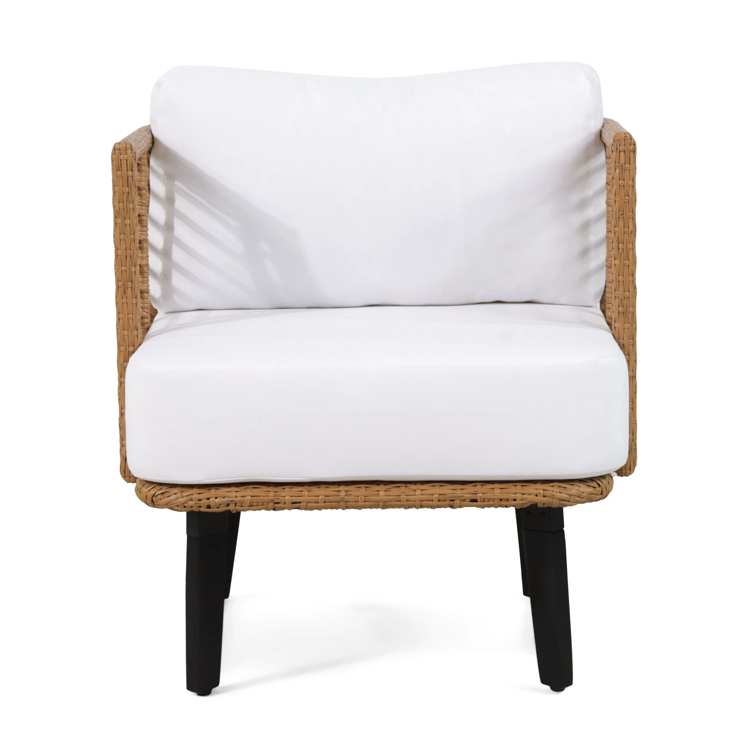 Roomfitters Modern Rattan Lounge Chair with Woven Frame, Cushion and Pillow, Boho Outdoor Accent Seating, Natural and White