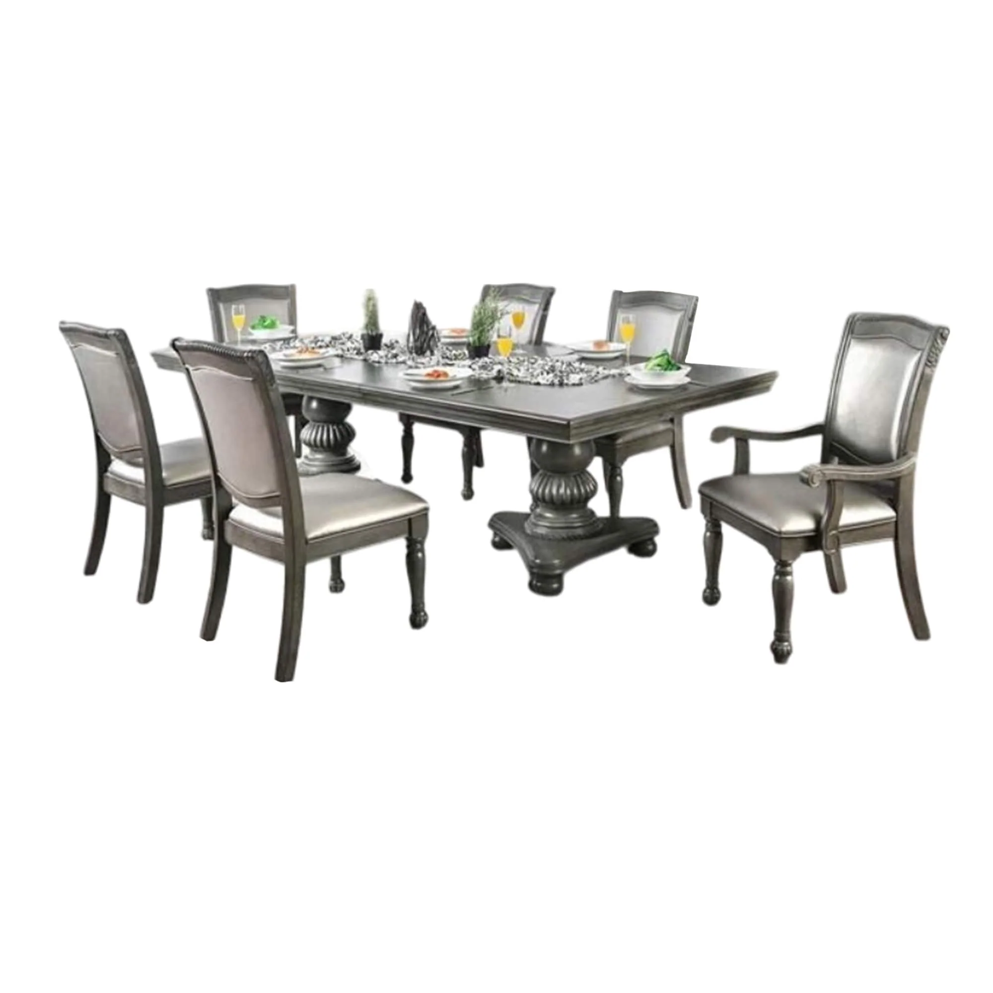 Ena 7pc Dining Table Set, Gray Faux Leather, Extendable 79-103 Inch