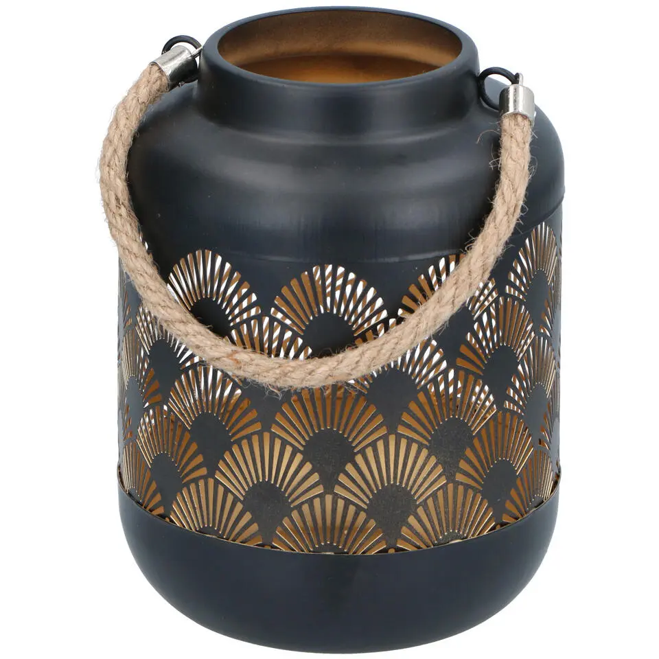 Lantaarn - waaier print - zwart - metaal - windlicht - 17 cm