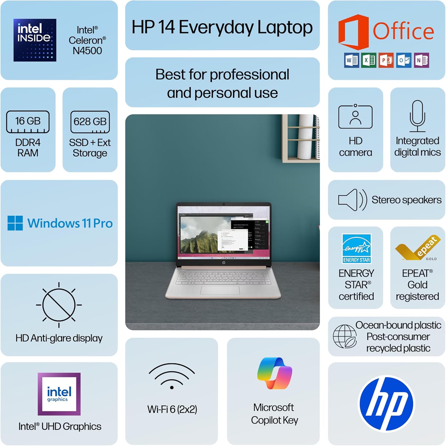 HP 14 Laptop Thin and Light for 2026 Student Business with Office Suite  Copilot AI  Intel CPU Up to 2.8GHz  16GB RAM  628GB Storage (128GB SSD+500GB Ext)  WiFi 6  Win 11 Pro  MarxsolAddon  Rosegold