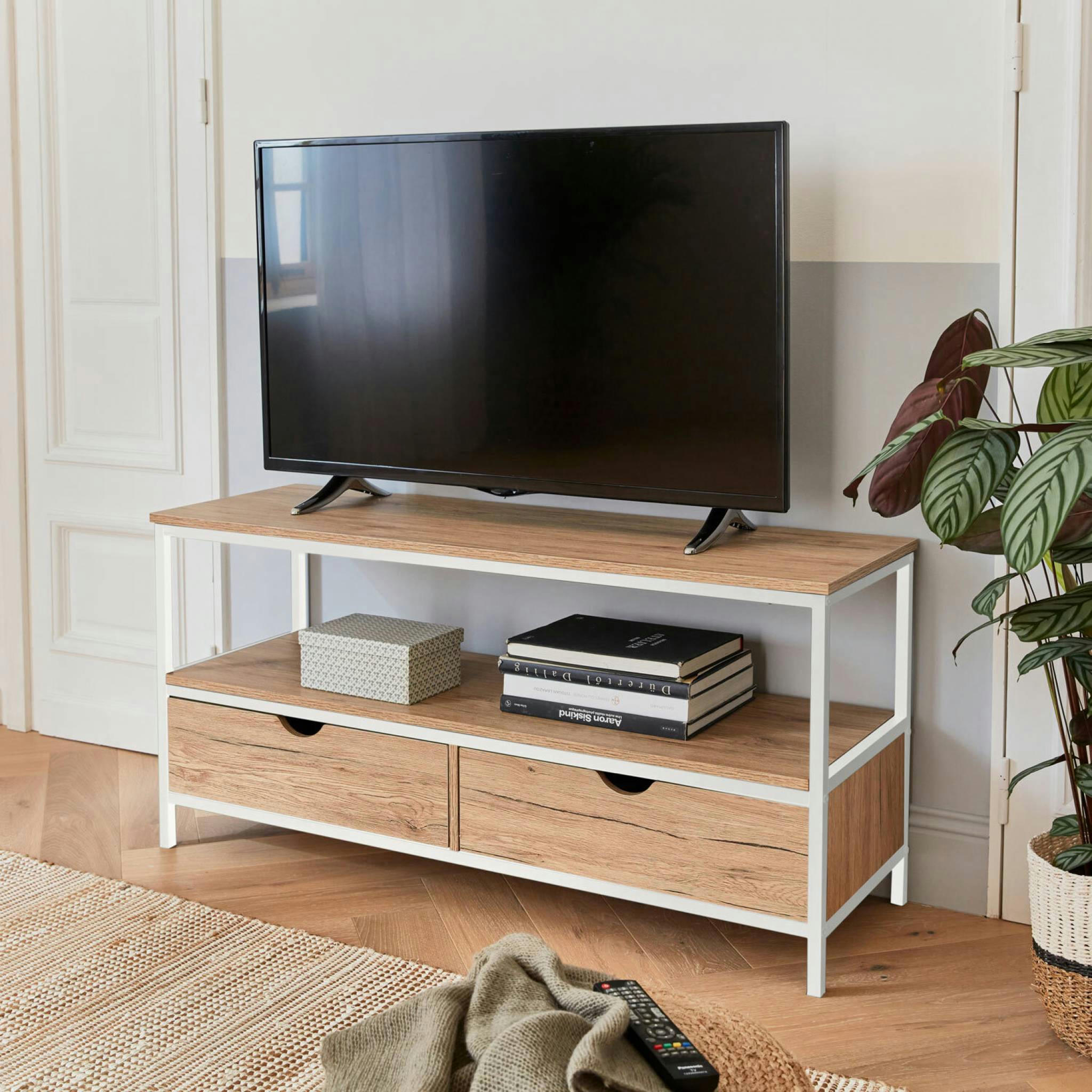 LOFT - Meuble tv en décor bois et métal blanc mat